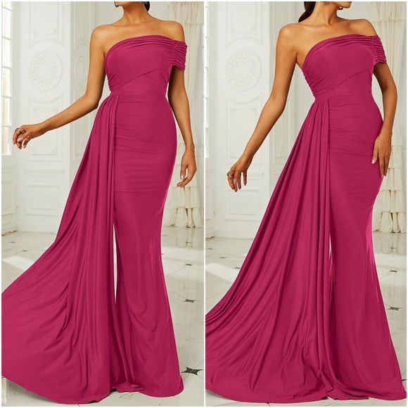 Luxe One Shoulder Bodycon Evening Black Tie Formal Dress - Picture 4 of 6